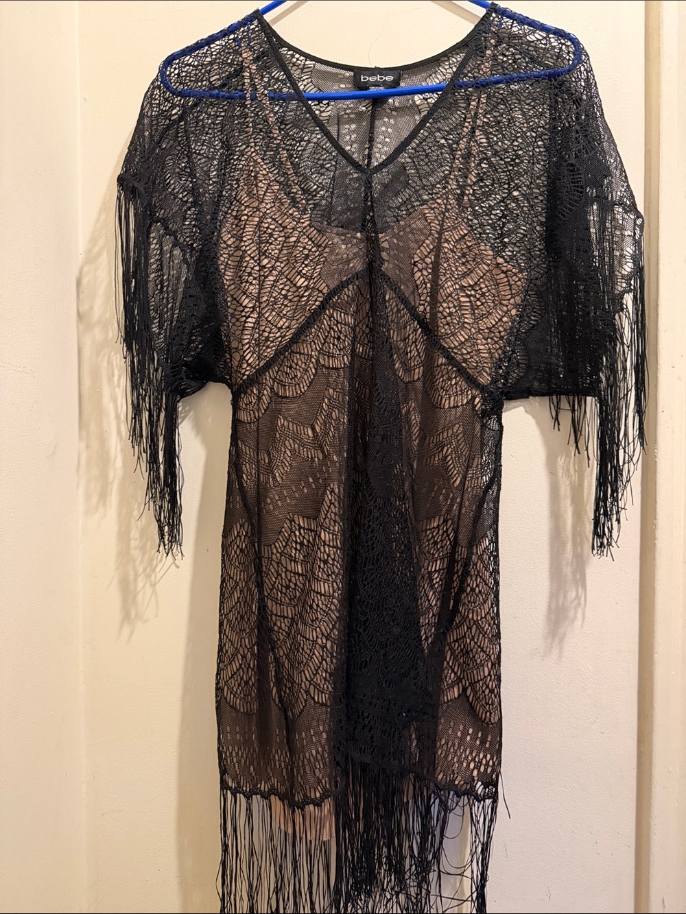 bebe Black Crochet Fringe dress